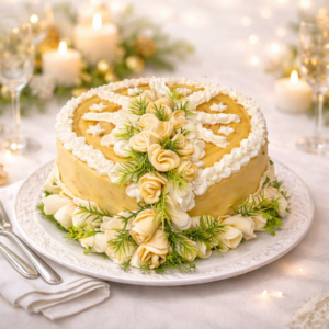 Parenícová syrová torta s ručne tvarovanými syrovými ružami a prírodnými dekoráciami na sviatočnom stole