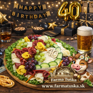 Slaná torta pre mužov z údenín a syrov na mužskej oslave 40. narodenín s logom Farma Tuška a kreslenou kravičkou