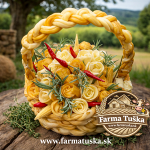 Syrová torta – kytica v košíku z ručne pletených syrových nití s dekoráciami z chilli papričiek, byliniek a mini kukurice, Farma Tuška Kosorín Slovensko