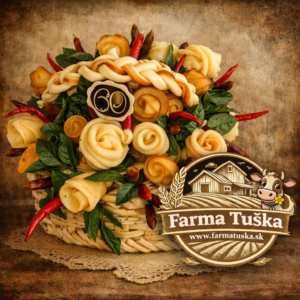 Syrová torta kytica z farmy Tuška v Kosoríne na Slovensku – ručne vyrábaná syrová torta s ružami zo syra a farmárskymi výrobkami
