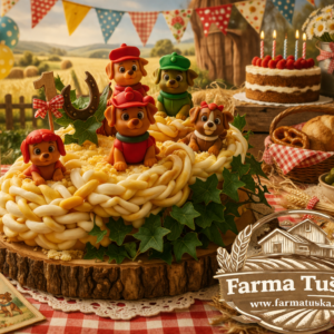 Detská syrová torta Labková patrola, ručne vypletaná torta zo syra na podnose v tvare labky – Farma Tuška