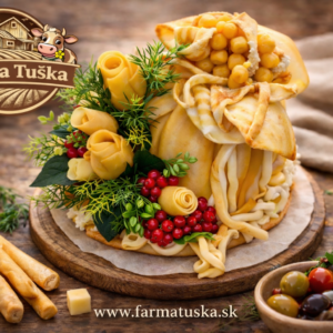 Ručne zdobená syrová torta z farmy Tuška v Kosoríne – torta z prírodného syra zdobená syrovými ružami, bylinkami a dekoráciami.