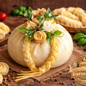 Syrová torta meštek z parených syrov zdobená syrovými ružami a ozdobami, ručne vyrábaná torta na oslavu