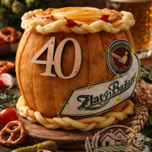 Syrová torta v tvare pivného súdka z farmy Tuška zdobená syrovými uzlíkmi a dekoráciami pre milovníkov piva