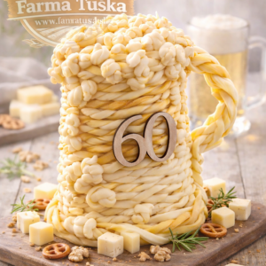 Syrová torta v tvare pivového pohára zo zapletaného syra s číslom 60, doplnená syrovými kockami a logom Farma Tuška