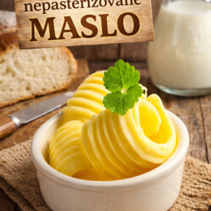 Maslo z nepasterizovanej smotany tradične mútené na farme s obsahom tuku 85–90 %