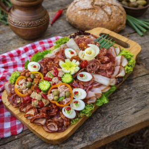 Obložené korýtko s údeninami, zeleninou, vajíčkami a kváskovým pečivom na drevenom stole