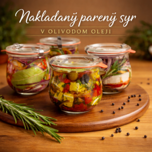 Nakladaný parený syr v olivovom oleji v sklenených pohároch s bylinkami, olivami a sušenými paradajkami na drevenej podložke.