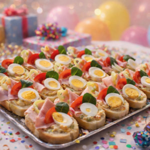 Slávnostné party chlebíčky s vajíčkom, šunkou a zeleninou na podnose s jemným rozmazaným pozadím oslavy