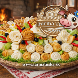 Salašnícka misa Farma Tuška v ošatke s parenými a čerstvými syrmi, zeleninou, detskou kravičkou a logom na vidieckom stole