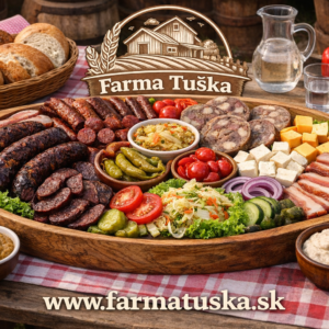 Zabíjačková misa od Farma Tuška v drevenom korytku s jaternicami, klobásami, slaninou, syrmi, čalamádou a pečivom