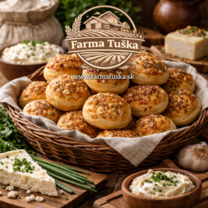 Kváskové bryndzovníky v košíku na vidieckom stole s bryndzou, cesnakom a logom Farma Tuška