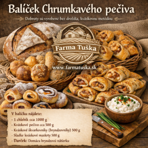 Balíček chrumkavého kváskového pečiva z rodinnej farmy Tuška v Kosoríne – chlieb, kváskové pečivo, škvarkovníky, sladké maškrty a bryndzová nátierka