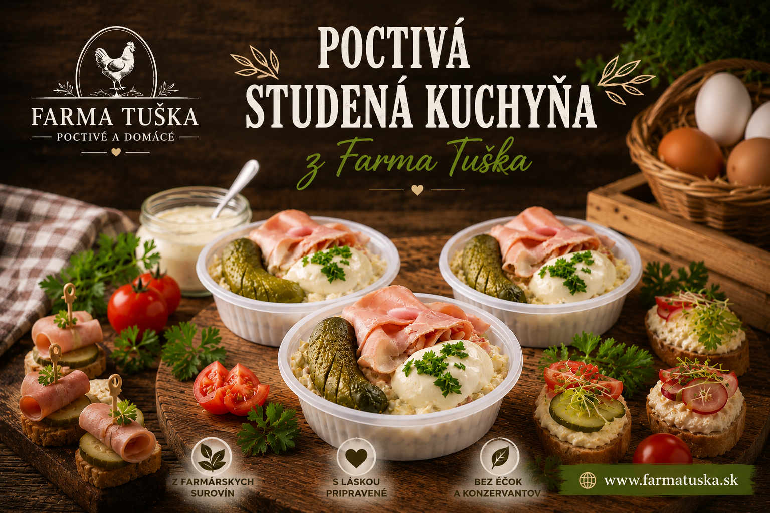 Domáce ruské vajcia Farma Tuška s mini kanapkami a zeleninou na rustikálnom drevenom stole