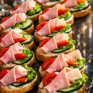 Jednohubky z bagety s nátierkou, šalátom, uhorkou, paradajkami, syrom a rolovanou šunkou na tmavej servírovacej doske.