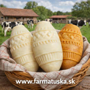 Oštiepok vajíčko v košíku s tkaninou na farme, prírodne údený aj klasický variant