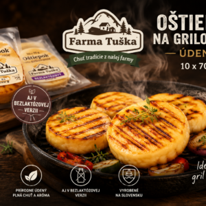 Údený oštiepok na grilovanie 10×70 g z Farma Tuška pripravený na grile s grilovanou zeleninou a farmárskym pozadím