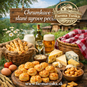 Chrumkavé slané syrové pečivo Farma Tuška na vidieckom stole s pagáčikmi, syrmi a linkom www.farmatuska.sk