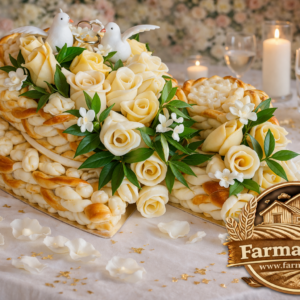 Vypletaná svadobná syrová torta dvoj srdce z parených syrov zdobená syrovými ružami