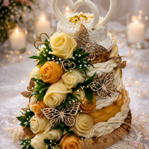 Svadobná syrová torta parenicová zdobená syrovými ružami a svadobnými srdcami