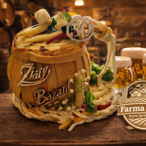 Syrová torta Zlatý Bažant v tvare pivného súdka z farmy Farma Tuška v Kosoríne na Slovensku