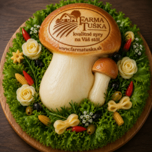 Syrová torta na želanie v tvare hríba s logom Farma Tuška, ručne vyrábaná z kvalitných syrov na oslavy a jubileá.