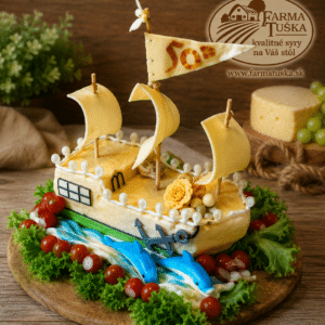 Ručne vyrábaná syrová torta v tvare lode s dekoráciou delfínov, syrovými plachtami a logom Farma Tuška na rustikálnom pozadí.