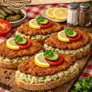 Rezňové chlebíčky so zemiakovým šalátom na čerstvom chlebe – retro pochúťka od Farma Tuška