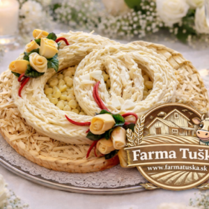 Syrová svadobná torta v tvare prepojených prsteňov na svadobnom stole s logom Farma Tuška a adresou www.farmatuska.sk