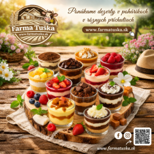 Domáce dezerty v pohárikoch od Farma Tuška – smotanové, čokoládové a pudingové príchute ako vanilka, malina či karamel na vidieckom stole