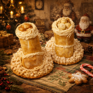 Syrová torta Čižmičky ako originálny darček na Mikuláša pre deti v retro vianočnom prostredí.