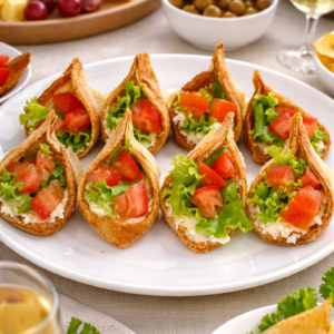 Luxusné kanapky lodičky s krémovou nátierkou, čerstvým šalátom a paradajkami servírované na stole s pohostením