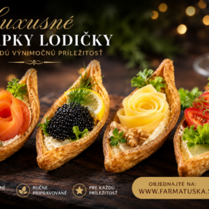 Luxusné kanapky lodičky s lososom, kaviárom, syrovou ružou a čerstvou zeleninou na rustikálnom drevenom podnose pre catering od Farma Tuška