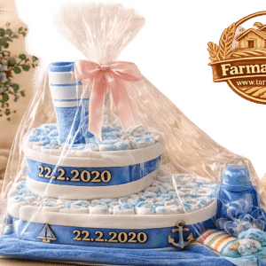 Plienková torta loď z 90 plienok s detskými doplnkami a logom Farma Tuška