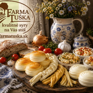 Tradičné slovenské syry Farma Tuška aranžované na vidieckom drevenom stole s logom farmy v ľavom hornom rohu.