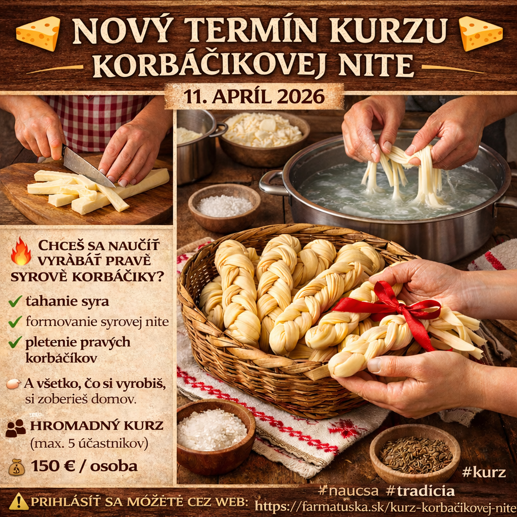 Kurz výroby syrovej korbáčikovej nite na Farma Tuška – ukážka ťahania syra a pletenia korbáčikov