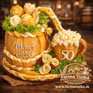 Syrová torta pivný set z pareníc v tvare pivného súdka a pivového pohára z farmy Farma Tuška v Kosoríne na Slovensku