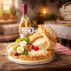 Syrová torta s medovinou na drevenom stole v rustikálnej chalupe, s logom Farma Tuška a webom v pravom hornom rohu.