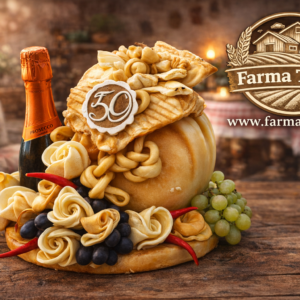 Syrová torta s meštekom, syrovými ružami, hroznom a fľašou prosecca na drevenom stole v rustikálnom prostredí, s logom Farma Tuška a webom www.farmatuska.sk .