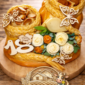 Ručne vyrábaná syrová torta z údeného syra s dekoráciami, syrovými ružami a číslom 18 od Farma Tuška