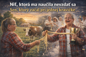 Farmárka z Farmy Tuška ťahá korbáčikovú niť a drží víťazný pohár – príbeh vytrvalosti, ktorý začal pri jednej kravičke.