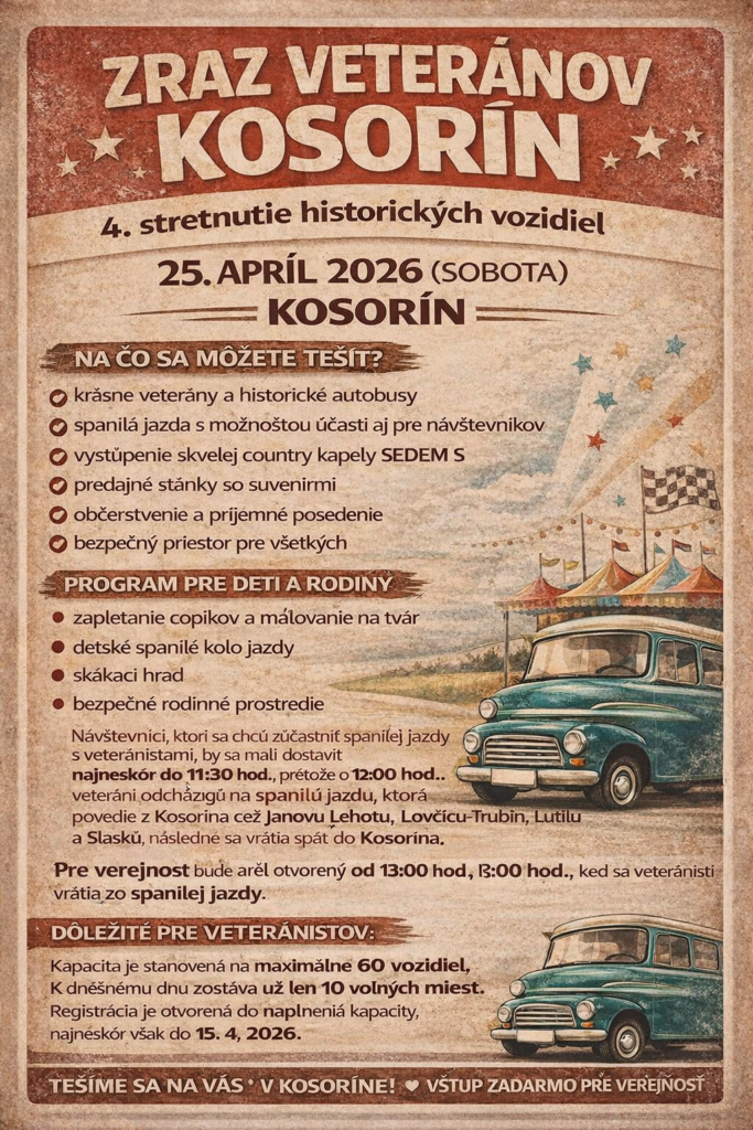 Retro plagát pozývajúci na 4. zraz veteránov v Kosoríne, ktorý sa uskutoční 25. apríla 2026. Obsahuje program podujatia, spanilú jazdu historických vozidiel, program pre deti a rodiny, country kapelu Sedem S a informácie o registrácii.